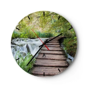 Wandklok - Klok - Een houten brug over een waterval omgeven door groen - 30x30cm - Geen stilstaand water - Moderne wanddecoratie voor woonkamer, keuken en slaapkamer ARTTOR