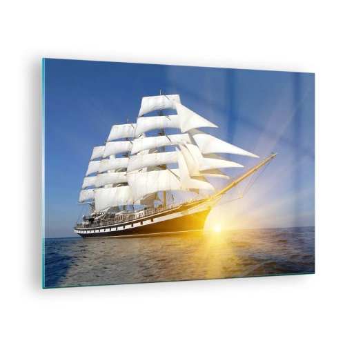 Schilderen op glas - Een zeilschip verlicht door de zonnestralen op open zee - 70x50cm - Hun tijd gaat nooit voorbij - Moderne wanddecoratie voor woonkamer en slaapkamer ARTTOR