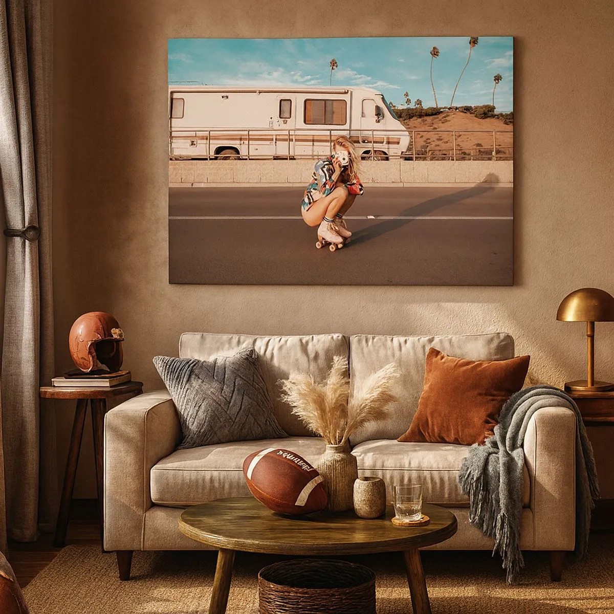 Schilderen op canvas - Een meisje op rolschaatsen maakt een foto op een zonnige dag. - 70x50cm - Lach alsjeblieft! - Moderne wanddecoratie voor woonkamer en slaapkamer ARTTOR