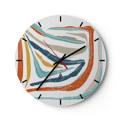Wandklok - Klok - Kleurrijke, dynamische golven en lijnen creëren een vrolijk abstract patroon. - 30x30cm - Abstractie met een vriendelijke glimlach - Moderne wanddecoratie voor woonkamer, keuken en slaapkamer ARTTOR