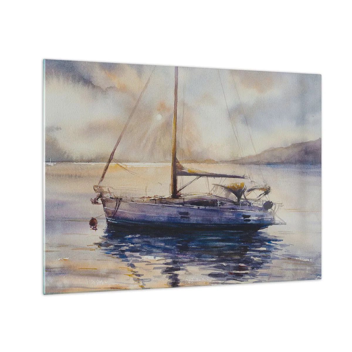 Schilderen op glas - Een jacht afgemeerd in een rustige baai bij schemering - 70x50cm - Avond aan de baai - Moderne wanddecoratie voor woonkamer en slaapkamer ARTTOR