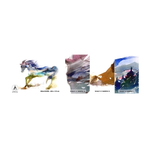 Fotobehang Monster Zelfklevend Deluxe Sticker - Van de weide recht naar de hemel - Paard, Abstractie, Landschap - 100x30 cm