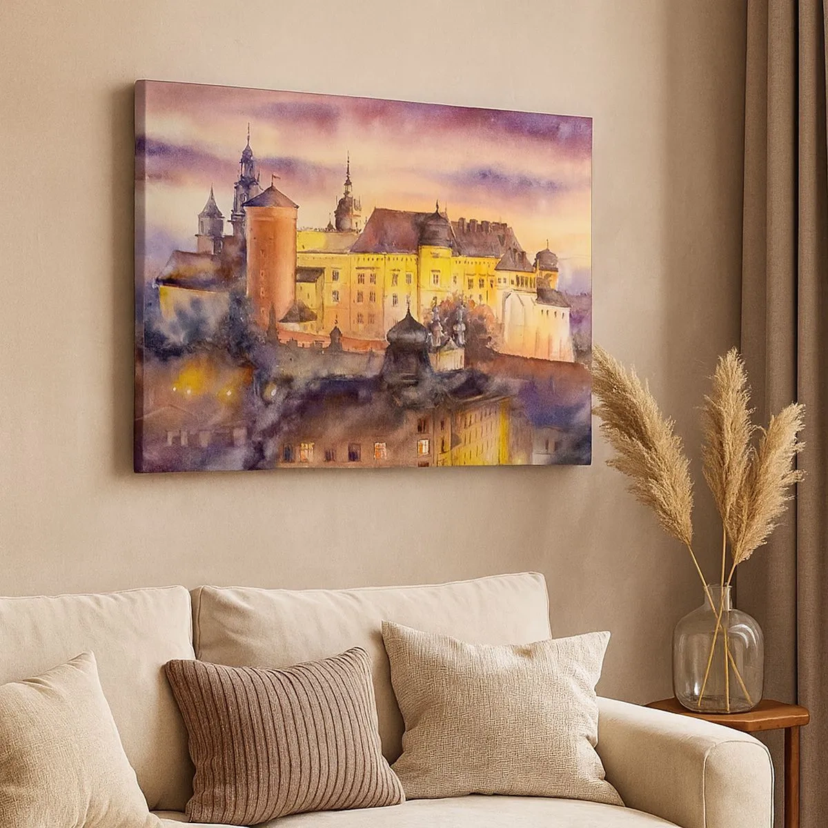 Schilderen op canvas - Een schilderachtig aquarelschilderij van een kasteel bij zonsondergang - 70x50cm - Geschiedenis en sprookje - Moderne wanddecoratie voor woonkamer en slaapkamer ARTTOR