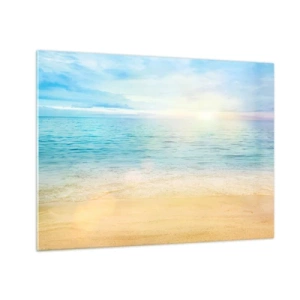 Schilderen op glas - Een zonnig strand met azuurblauwe zee en lucht - 70x50cm - Groot blauw - Moderne wanddecoratie voor woonkamer en slaapkamer ARTTOR