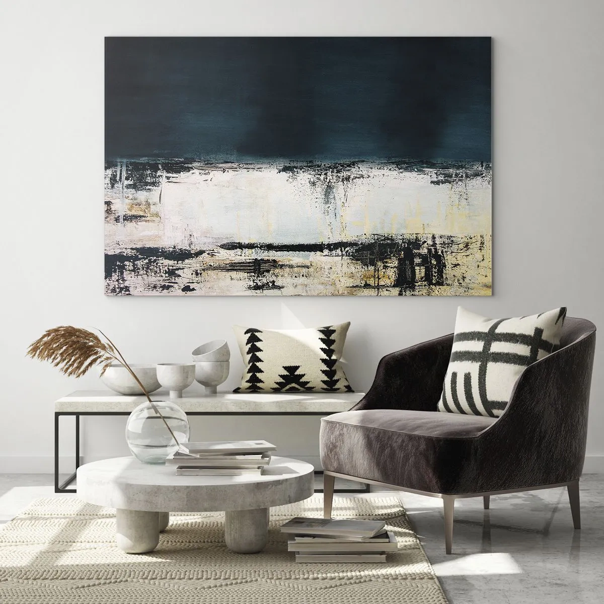 Schilderen op glas - Abstract landschap in tinten marineblauw en wit - 70x50cm - Horizontale compositie - Moderne wanddecoratie voor woonkamer en slaapkamer ARTTOR