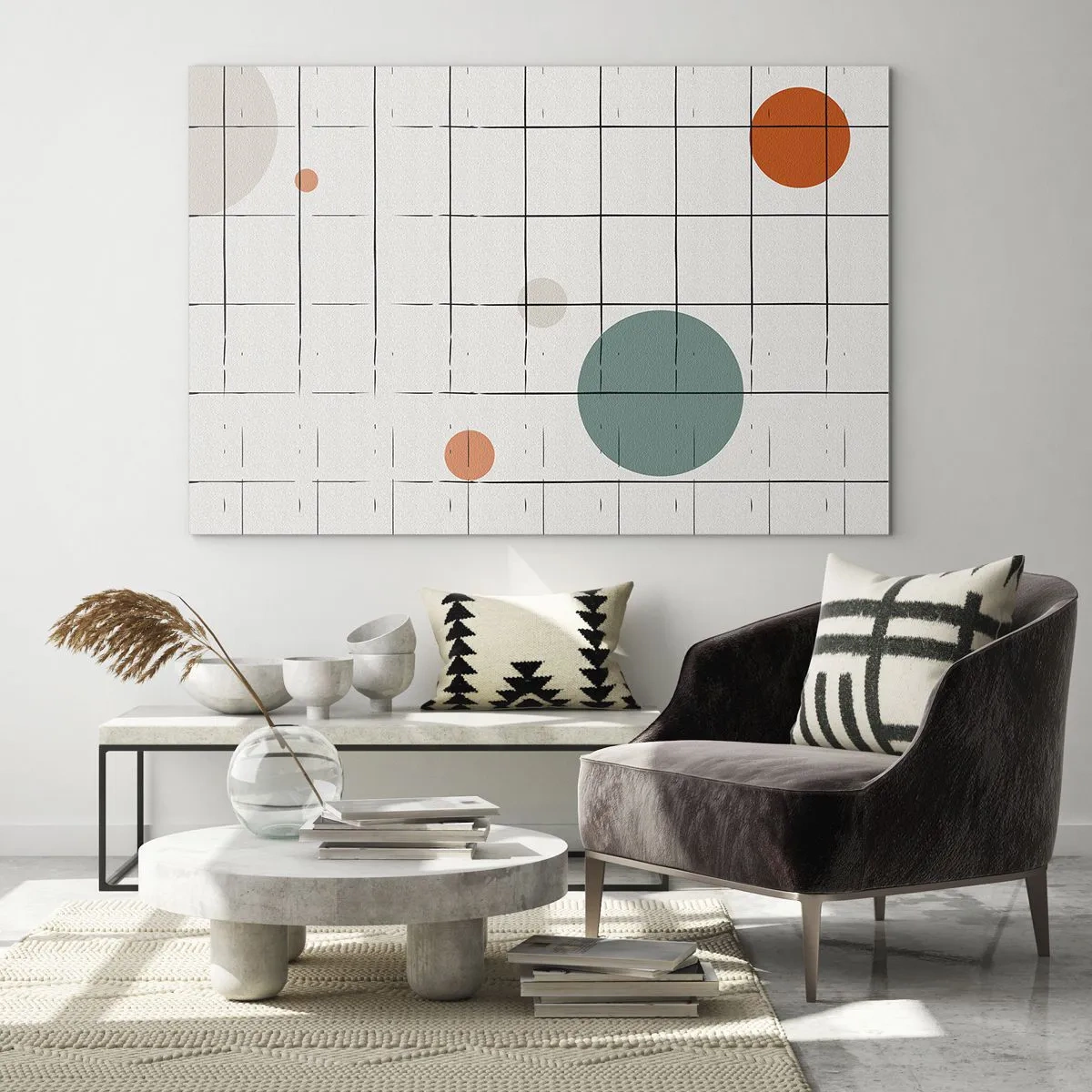 Schilderen op glas - Kleurrijke cirkels op een geometrisch raster van dunne lijnen - 70x50cm - Gevangen. Wij of zij? - Moderne wanddecoratie voor woonkamer en slaapkamer ARTTOR