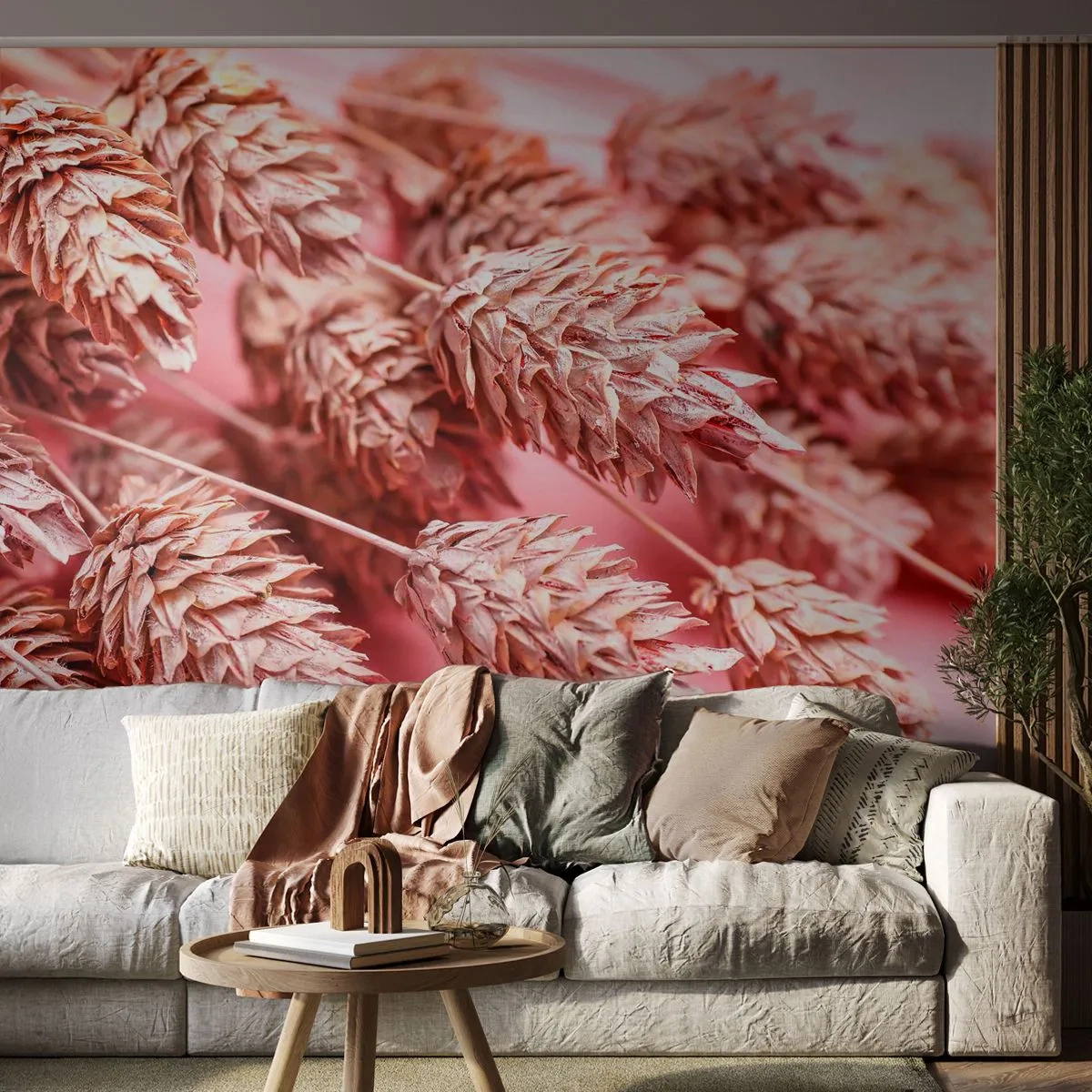 Fotobehang Premium Sand - Een bloemencascade in roze - Gedroogde bloemen, Boeket bloemen, Bloemen - 350x256 cm
