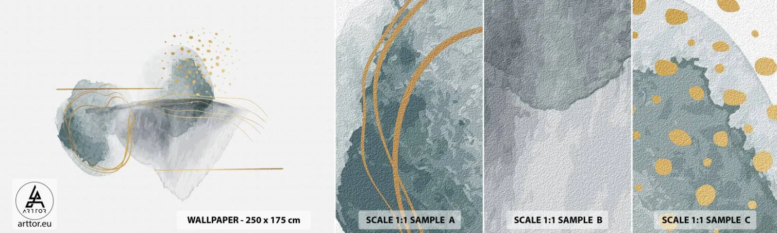 Fotobehang Monster Zelfklevend Deluxe Sticker - Over de relatie tussen grijs en goud - Abstractie, Deel, Interessante vormen - 100x30 cm