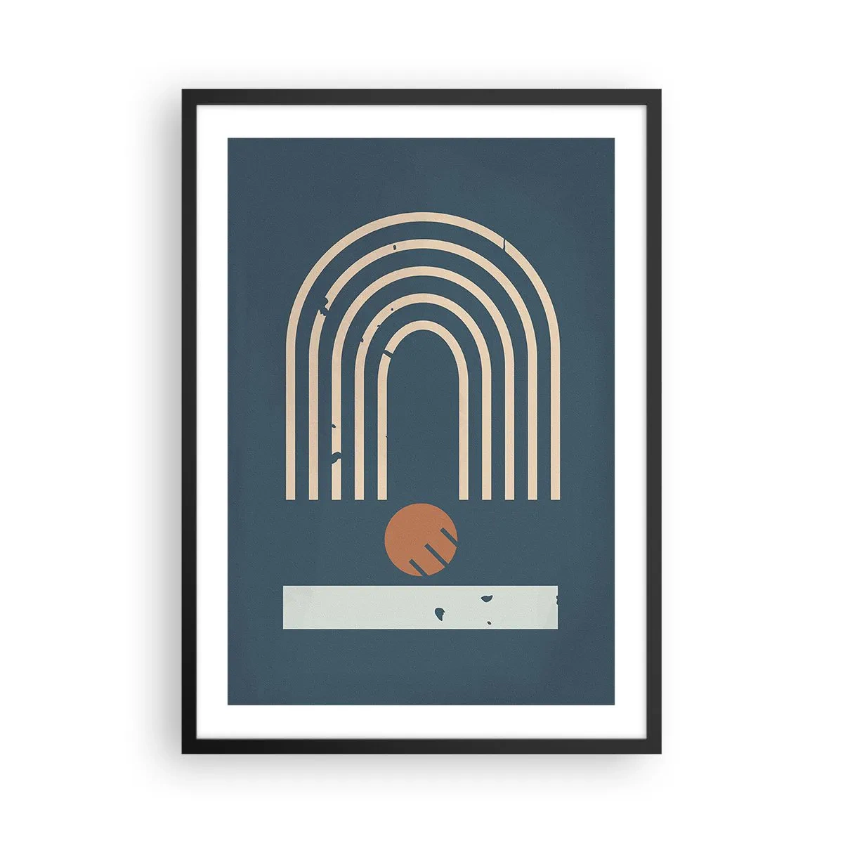 Poster in een zwarte lijst - Geometrische bogen en een bol op een donkere achtergrond - 50x70cm - Geometrie op de granaatappel - Moderne wanddecoratie voor woonkamer en slaapkamer ARTTOR