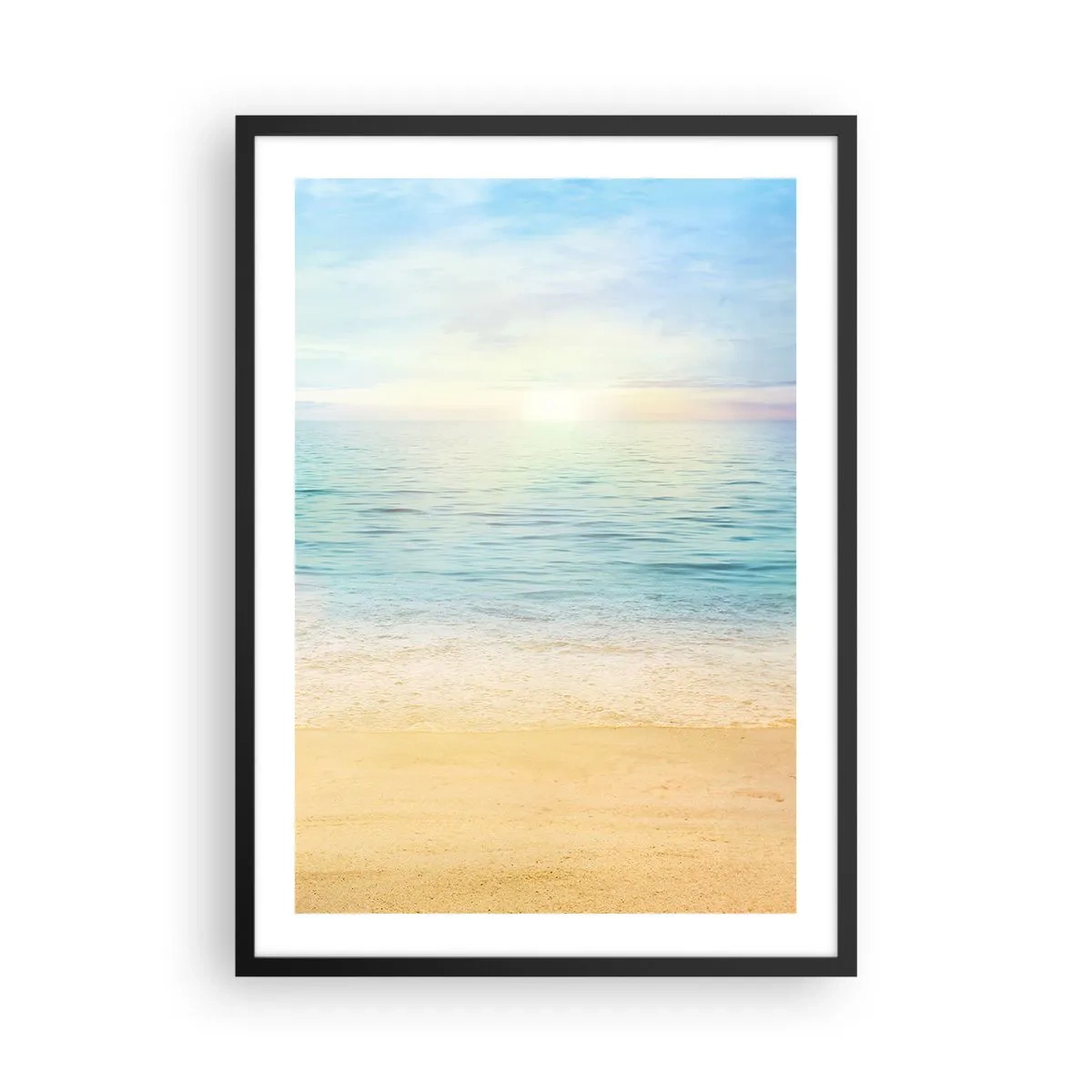 Poster in een zwarte lijst - Rustig uitzicht op het strand en de zee bij zonsopgang - 50x70cm - Groot blauw - Moderne wanddecoratie voor woonkamer en slaapkamer ARTTOR
