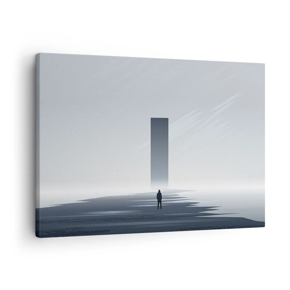 Schilderen op canvas - Een minimalistisch landschap met een silhouet naast een rechthoekige monoliet - 70x50cm - Kans of bedreiging? - Moderne wanddecoratie voor woonkamer en slaapkamer ARTTOR