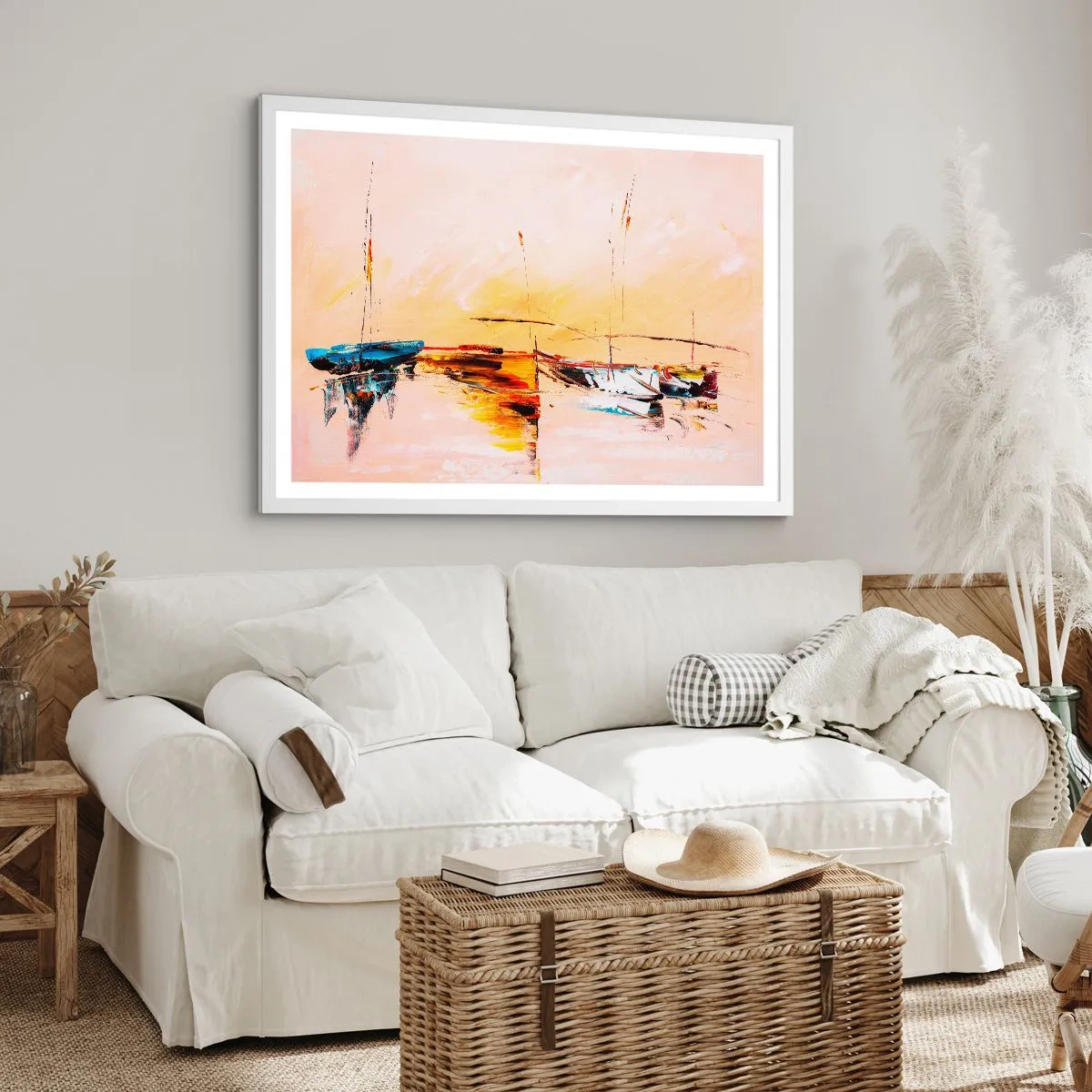 Poster in een witte lijst - Avond in de jachthaven - 100x70 cm