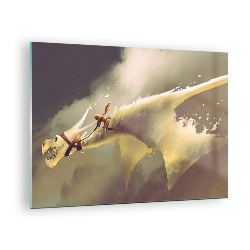 Schilderen op glas - Een figuur op de rug van een witte draak in een mistig landschap - 70x50cm - De wereld te hulp - Moderne wanddecoratie voor woonkamer en slaapkamer ARTTOR