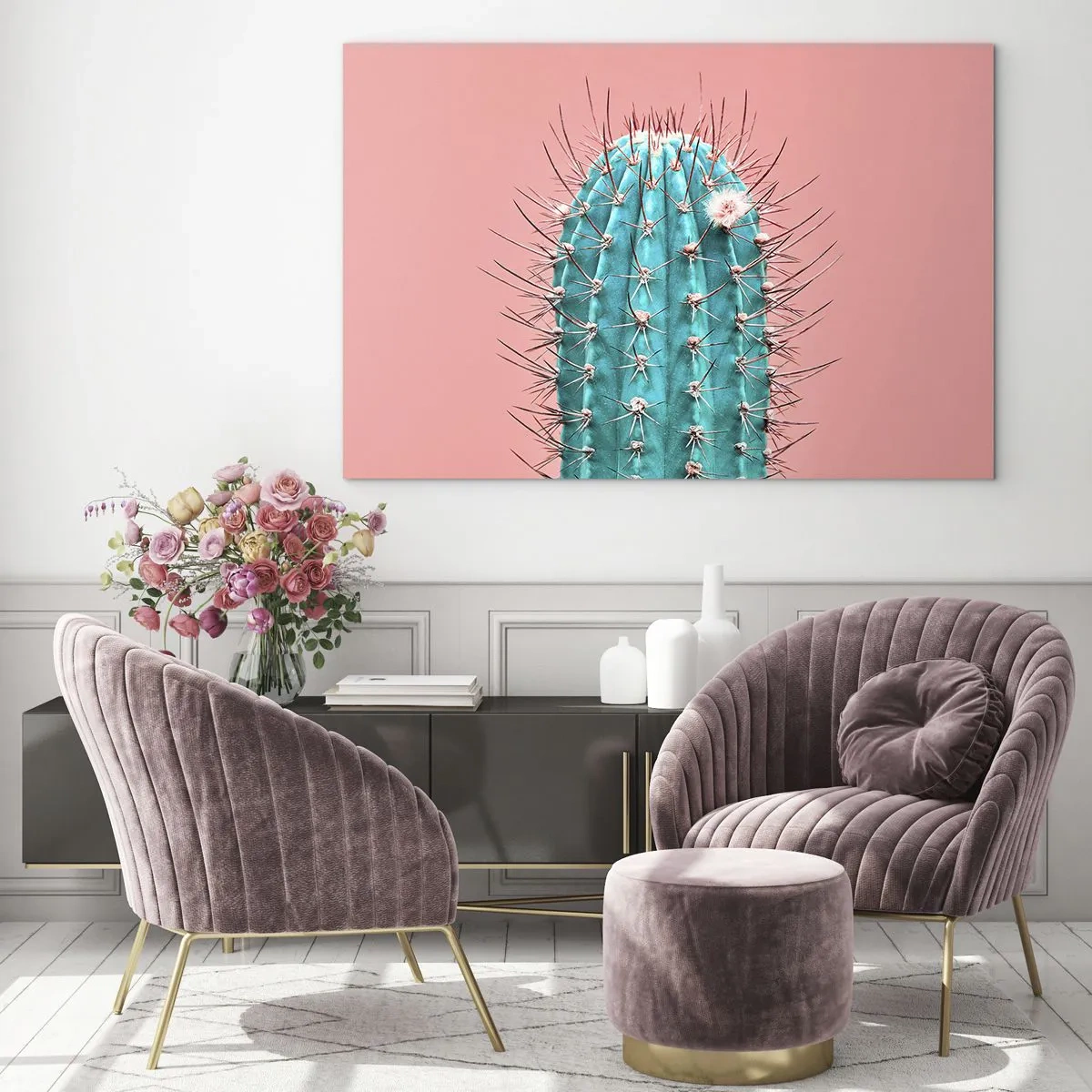 Schilderen op glas - Groene cactus met doornen op een roze achtergrond - 70x50cm - Kijk gewoon - Moderne wanddecoratie voor woonkamer en slaapkamer ARTTOR