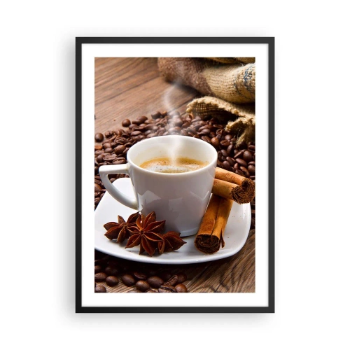 Poster in een zwarte lijst - Een kopje koffie met kruiden op een achtergrond van koffiebonen - 50x70cm - Pittige smaak en aroma - Moderne wanddecoratie voor woonkamer en slaapkamer ARTTOR