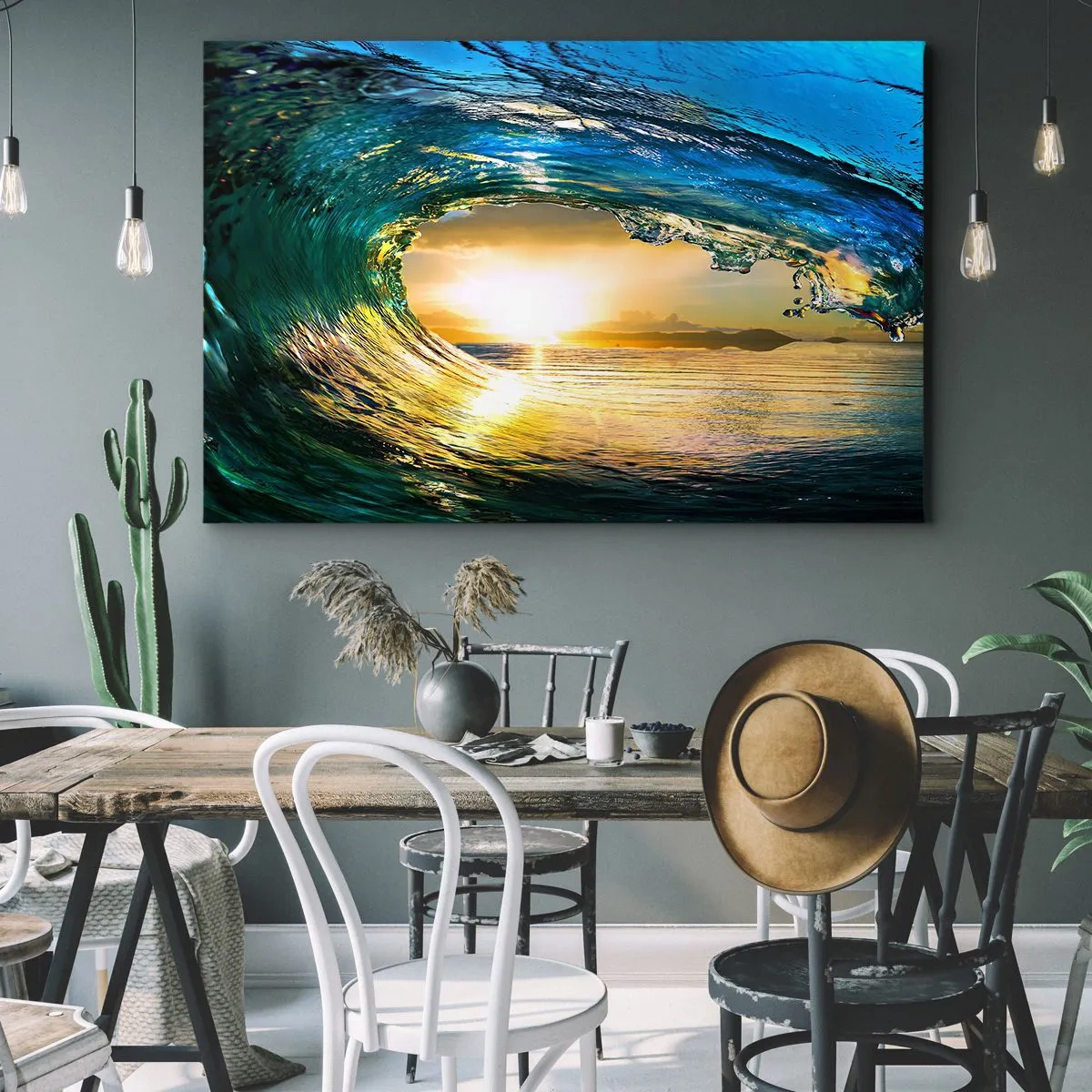Schilderen op canvas - Oceaan golf in de zon met uitzicht op de horizon - 70x50cm - In een smaragd-gouden kristal - Moderne wanddecoratie voor woonkamer en slaapkamer ARTTOR