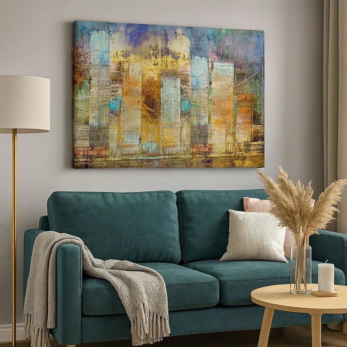 Schilderen op canvas - Abstracte wolkenkrabbers in industriële stijl - 70x50cm - Een zonnige metropool - Moderne wanddecoratie voor woonkamer en slaapkamer ARTTOR