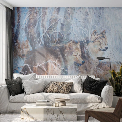 Fotobehang Standard Eco - Aandacht! Hier komt ... - Dieren, Wolven, Woud - 500x350 cm