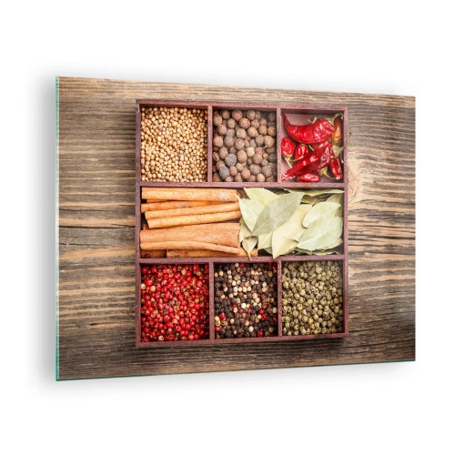 Schilderen op glas - Kleurrijke kruiden in houten compartimenten - 70x50cm - Volgorde van vormen, boeket van aroma's - Moderne wanddecoratie voor woonkamer en slaapkamer ARTTOR