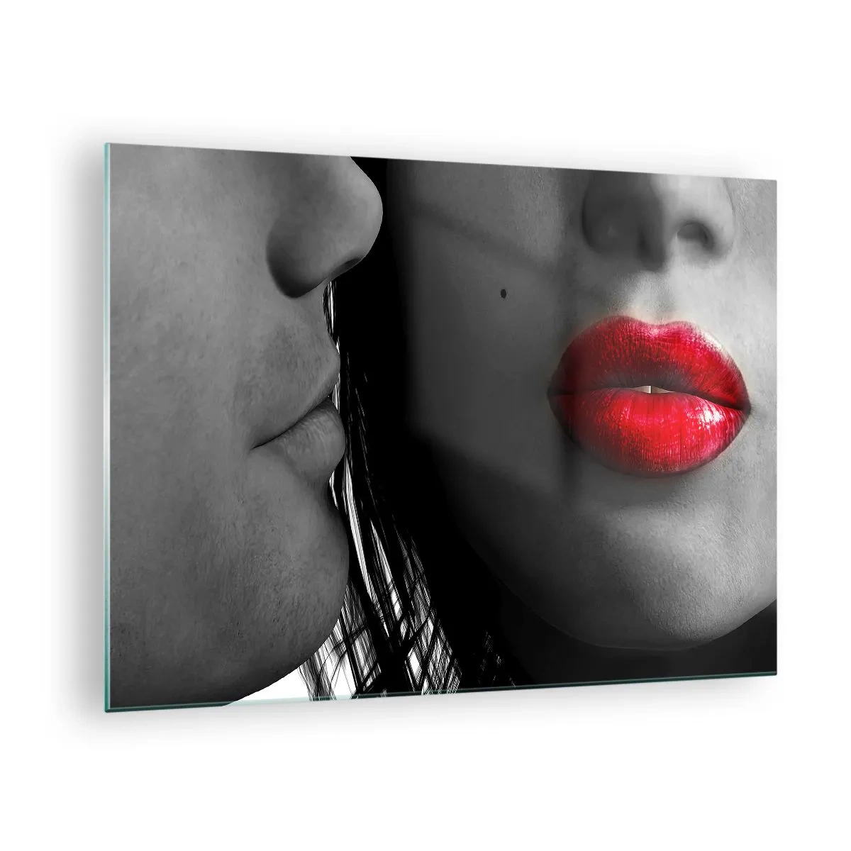 Schilderen op glas - Sensuele lippen in een contrasterende opname - 70x50cm - Oog in oog - Moderne wanddecoratie voor woonkamer en slaapkamer ARTTOR