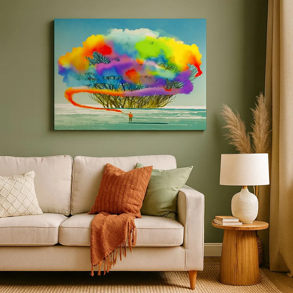 Schilderen op canvas - Een figuur met gekleurde rook op de achtergrond van een boom in de wildernis - 70x50cm - Breng deze wereld tot leven - Moderne wanddecoratie voor woonkamer en slaapkamer ARTTOR