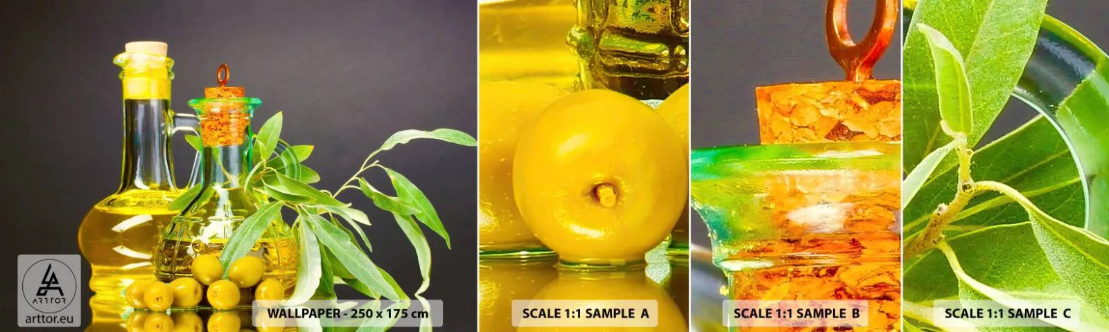 Fotobehang Monster Zelfklevend Deluxe Sticker - Stilleven met olijven en olijfolie - Gastronomie, Olijven, Olie - 100x30 cm