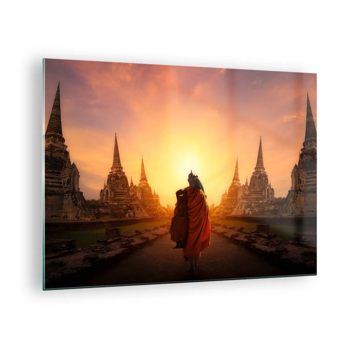 Schilderen op glas - Een monnik tegen de achtergrond van de ondergaande zon en tempels in Azië - 70x50cm - In vrede voor de eeuwigheid - Moderne wanddecoratie voor woonkamer en slaapkamer ARTTOR