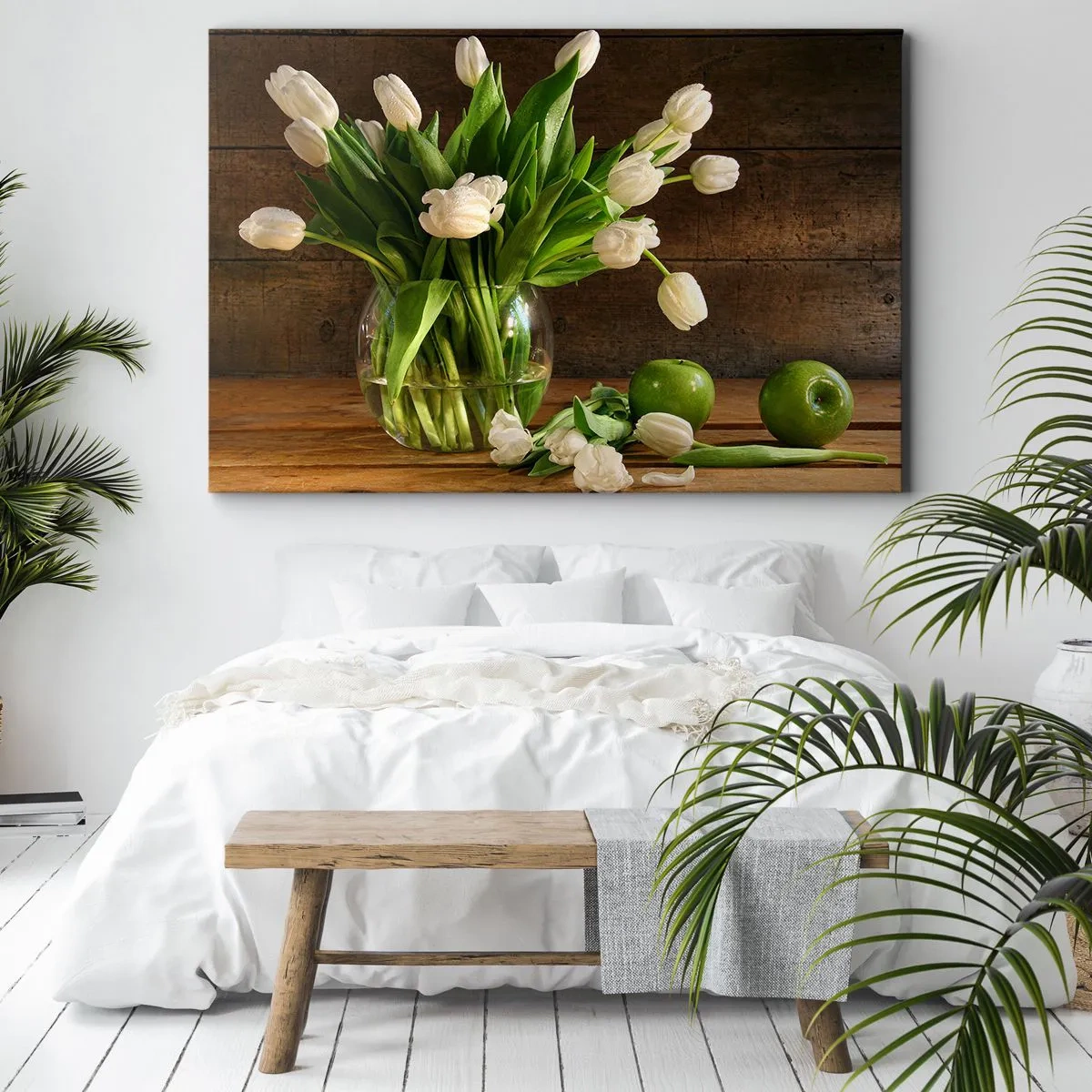 Schilderen op canvas - Een boeket witte tulpen in een glazen vaas met groene appels - 70x50cm - Sappig en fris in groen en wit - Moderne wanddecoratie voor woonkamer en slaapkamer ARTTOR