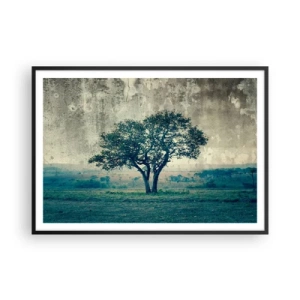 Poster in een zwarte lijst - Een appelboom op een blauw veld? - 100x70 cm