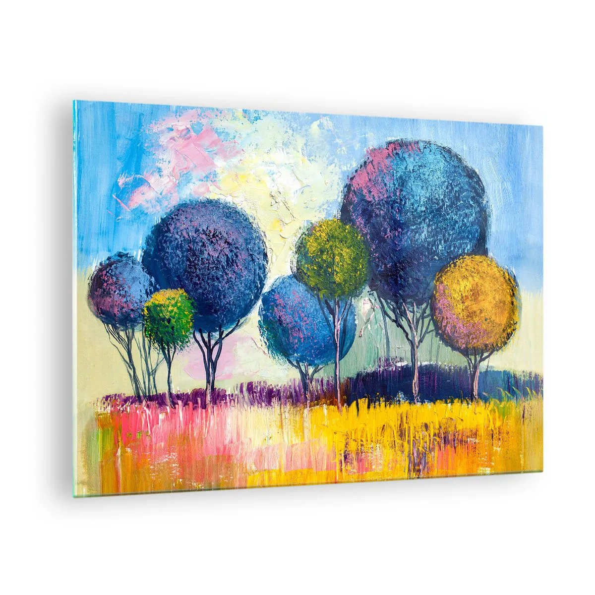 Schilderen op glas - Kleurrijke bomen tegen een abstracte landschapsachtergrond - 70x50cm - Bol - de vorm van het ideaal - Moderne wanddecoratie voor woonkamer en slaapkamer ARTTOR