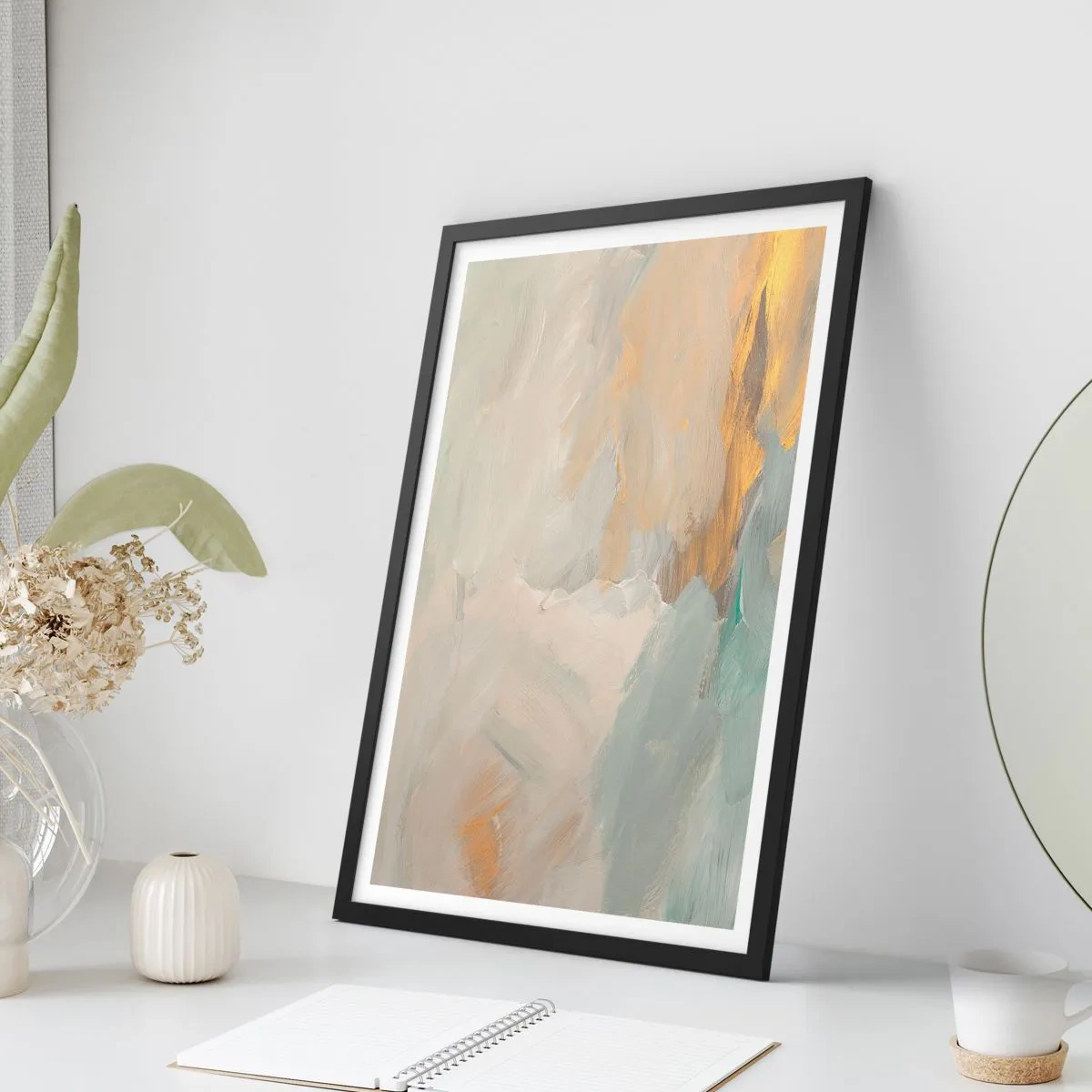 Poster in een zwarte lijst - Abstracte schildercompositie in pasteltinten - 50x70cm - Abstractie – het land van zachtheid - Moderne wanddecoratie voor woonkamer en slaapkamer ARTTOR