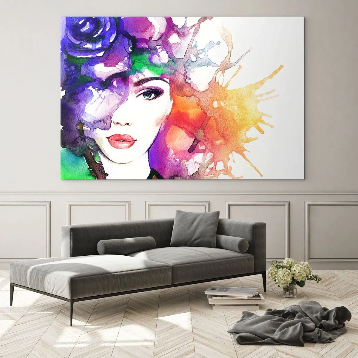 Schilderen op glas - Een vrouw met een vage, kleurrijke achtergrond in aquarelstijl - 70x50cm - Met hoofd in de wolken - Moderne wanddecoratie voor woonkamer en slaapkamer ARTTOR