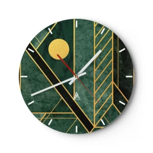 Wandklok - Klok - Groene achtergrond met geometrische gouden lijnen en een gouden cirkel - 30x30cm - Dynamiek van goud en azuur - Moderne wanddecoratie voor woonkamer, keuken en slaapkamer ARTTOR