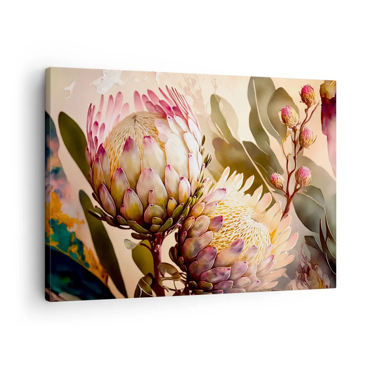 Schilderen op canvas - Kleurrijke proteabloemen op een delicate achtergrond - 70x50cm - Teeder omarmd - Moderne wanddecoratie voor woonkamer en slaapkamer ARTTOR