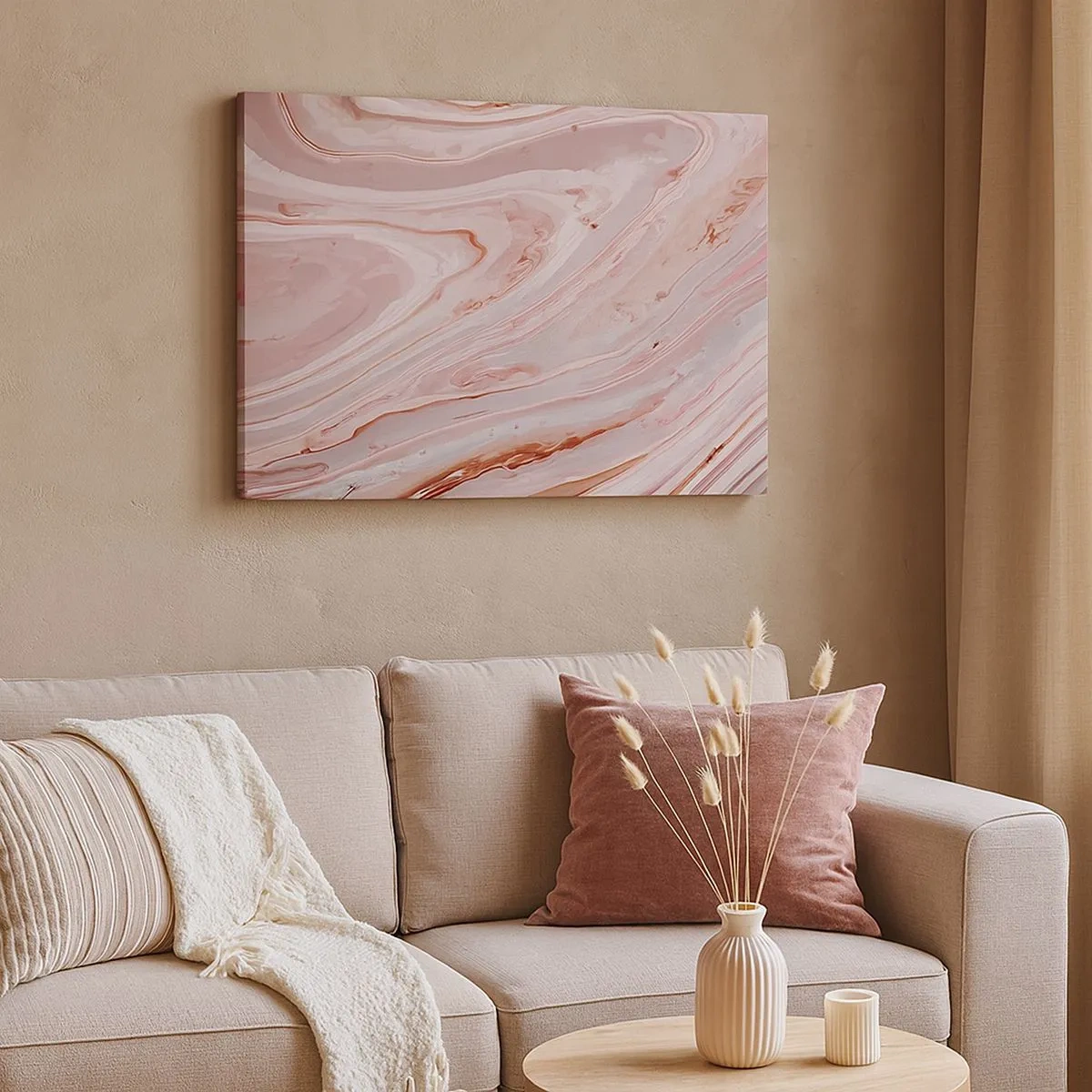 Schilderen op canvas - Abstracte golven in delicate tinten roze en beige - 70x50cm - Roze vloeistof - Moderne wanddecoratie voor woonkamer en slaapkamer ARTTOR