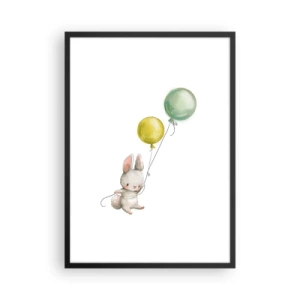 Poster in een zwarte lijst - Een konijn met twee groene en gele ballonnen. - 50x70cm - Ik ga ook vliegen! - Moderne wanddecoratie voor woonkamer en slaapkamer ARTTOR