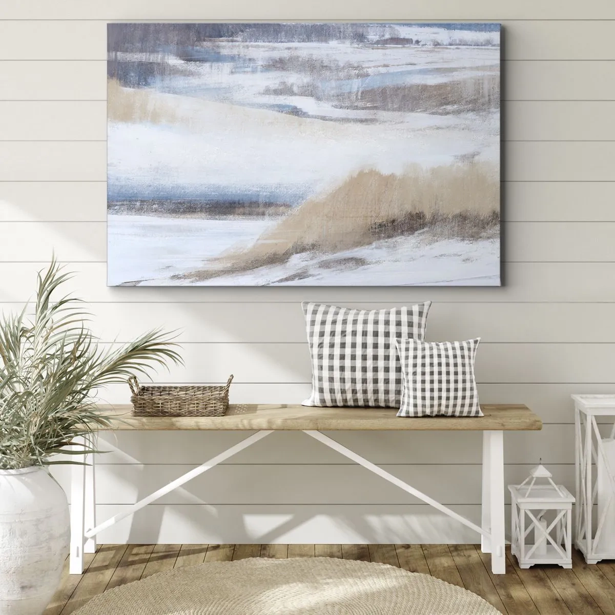 Schilderen op canvas - Abstract winterlandschap in tinten wit en blauw - 70x50cm - Winterse compositie - Moderne wanddecoratie voor woonkamer en slaapkamer ARTTOR