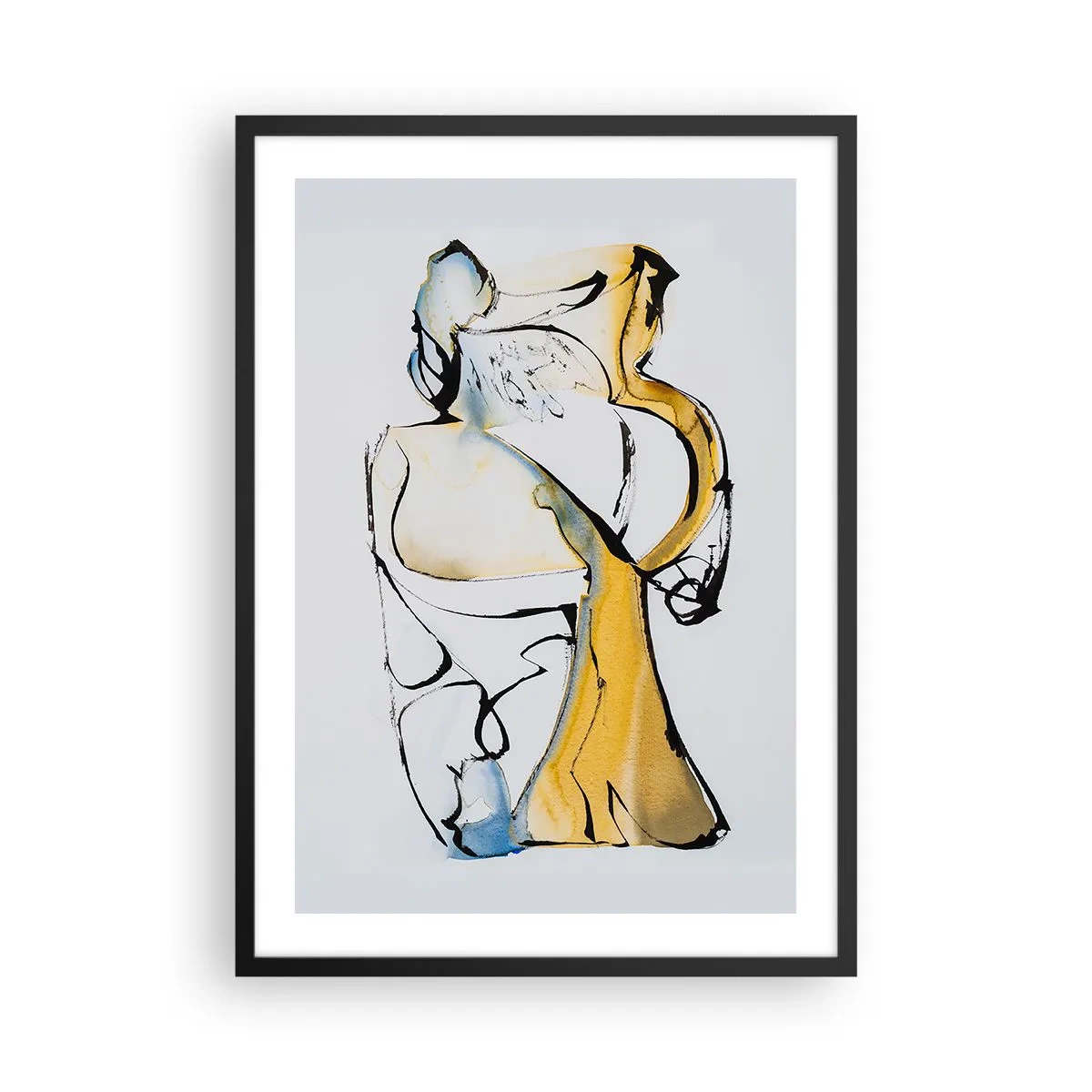 Poster in een zwarte lijst - Een abstract figuur in zwart, geel en blauw, dat beweging en emotie uitdrukt. - 50x70cm - Glazen abstractie - Moderne wanddecoratie voor woonkamer en slaapkamer ARTTOR