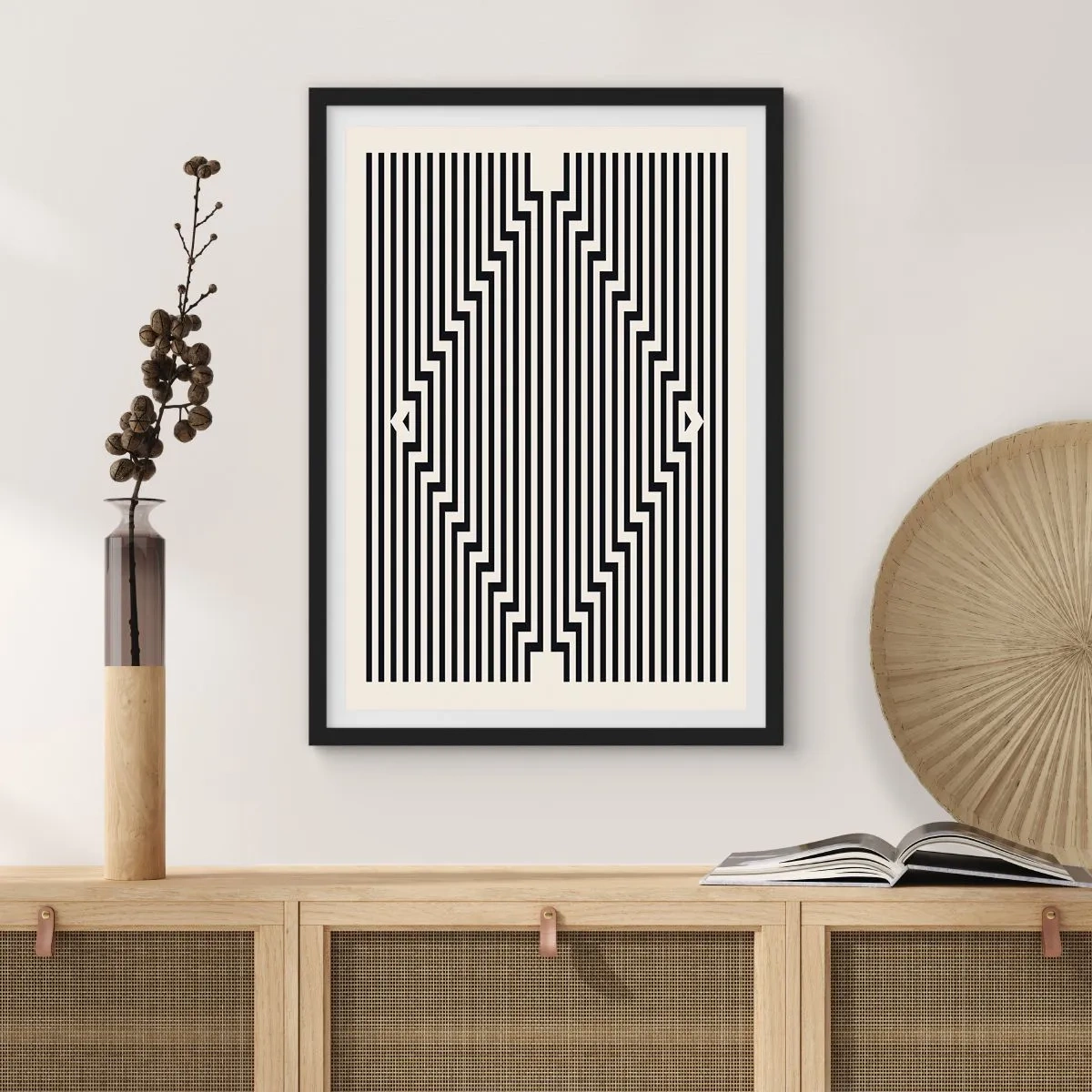 Poster in een zwarte lijst - Zwarte en witte lijnen creëren een optische illusie - 50x70cm - Geometrische illusie - Moderne wanddecoratie voor woonkamer en slaapkamer ARTTOR