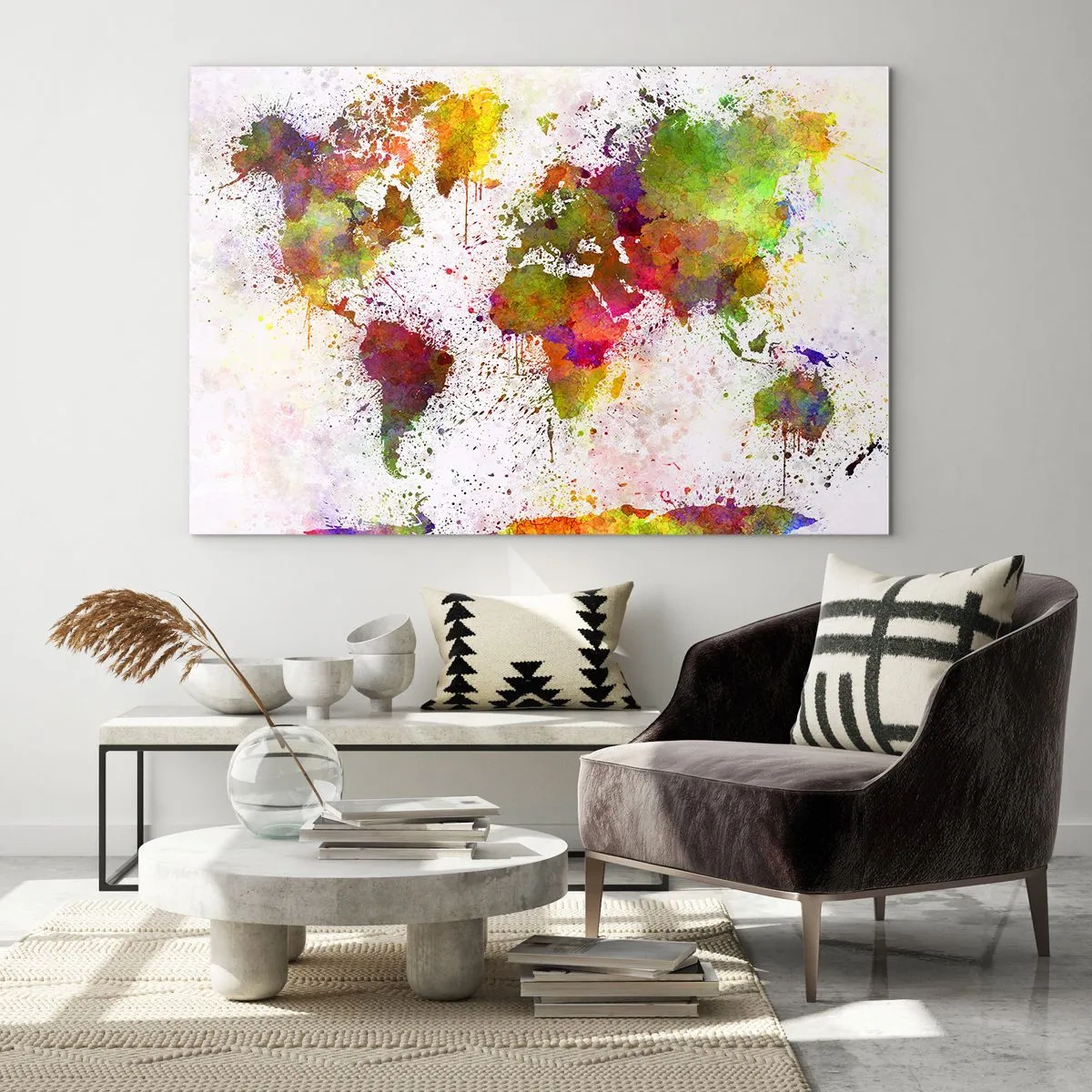 Schilderen op glas - Wereldkaart in artistieke stijl met kleurrijke verfspatten - 70x50cm - Op de een of andere manier is het hetzelfde geworden - Moderne wanddecoratie voor woonkamer en slaapkamer ARTTOR