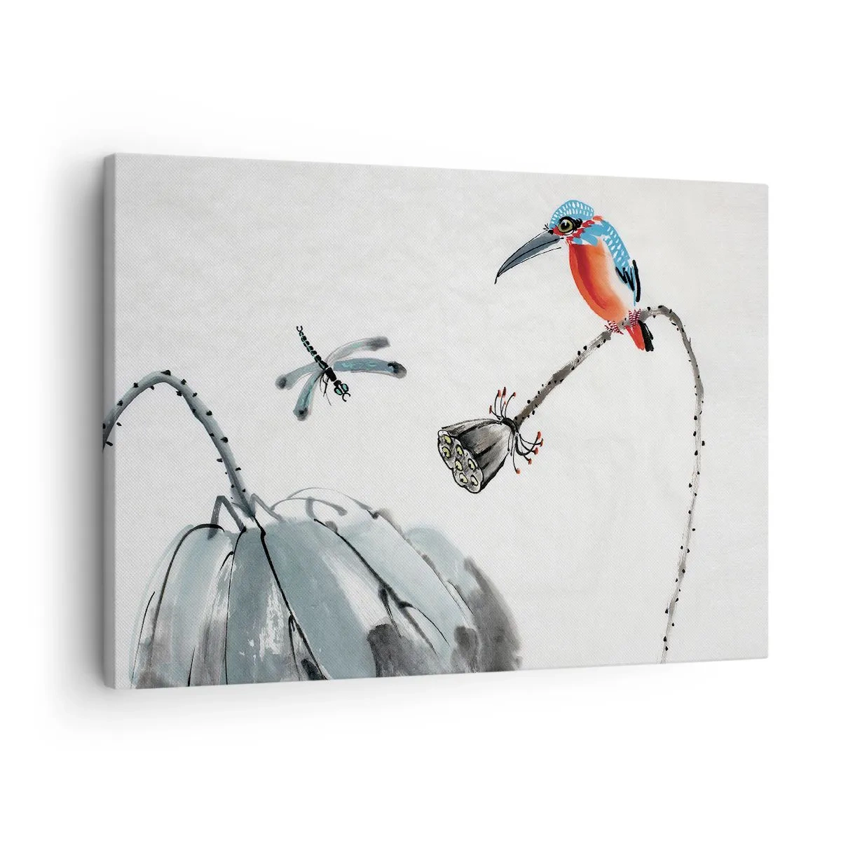 Schilderen op canvas - Een kleurrijke vogel tegen een achtergrond van vegetatie en een libel - 70x50cm - Het leven van de weide - Moderne wanddecoratie voor woonkamer en slaapkamer ARTTOR