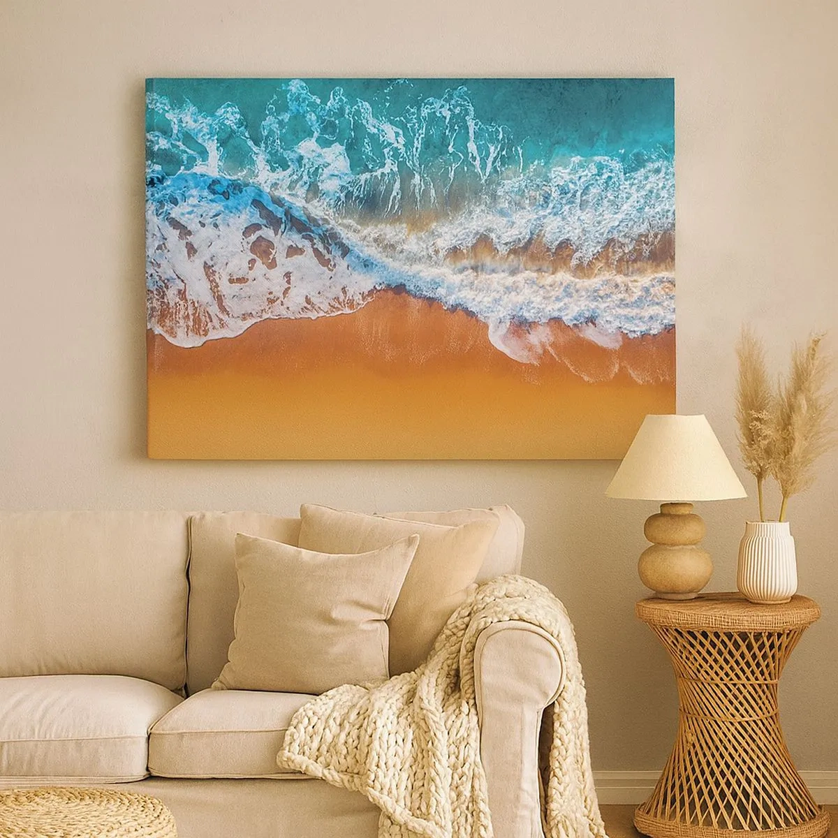 Schilderen op canvas - Luchtfoto van oceaan golven die tegen de kust beuken - 70x50cm - Altijd hand in hand - Moderne wanddecoratie voor woonkamer en slaapkamer ARTTOR