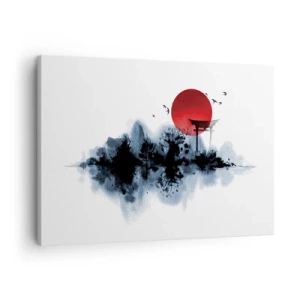 Schilderen op canvas - Rode zon boven een schilderachtig landschap met torii - 70x50cm - Japanse weergave - Moderne wanddecoratie voor woonkamer en slaapkamer ARTTOR