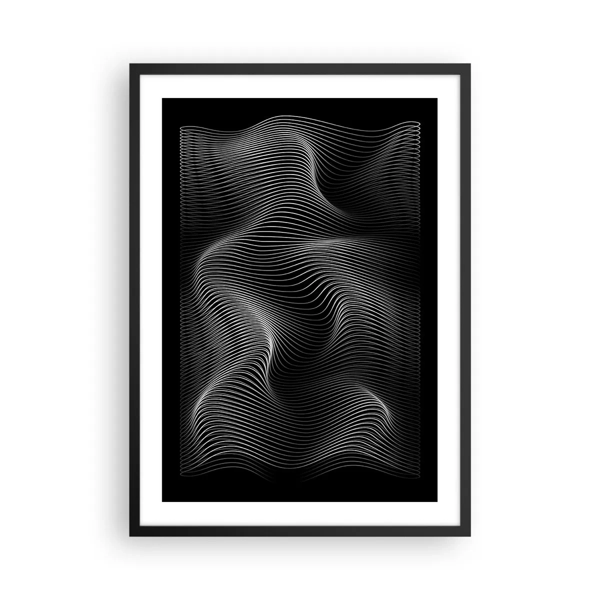 Poster in een zwarte lijst - Minimalistische golven in zwart-wit - 50x70cm - Dans van licht in de ruimte - Moderne wanddecoratie voor woonkamer en slaapkamer ARTTOR