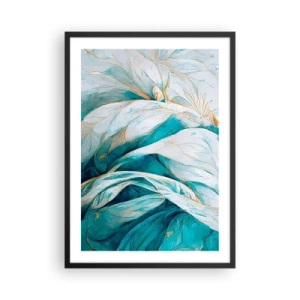 Poster in een zwarte lijst - Abstracte bladeren in tinten turquoise en wit met delicaat goud - 50x70cm - Blauwe abstractie met een gouden motief - Moderne wanddecoratie voor woonkamer en slaapkamer ARTTOR