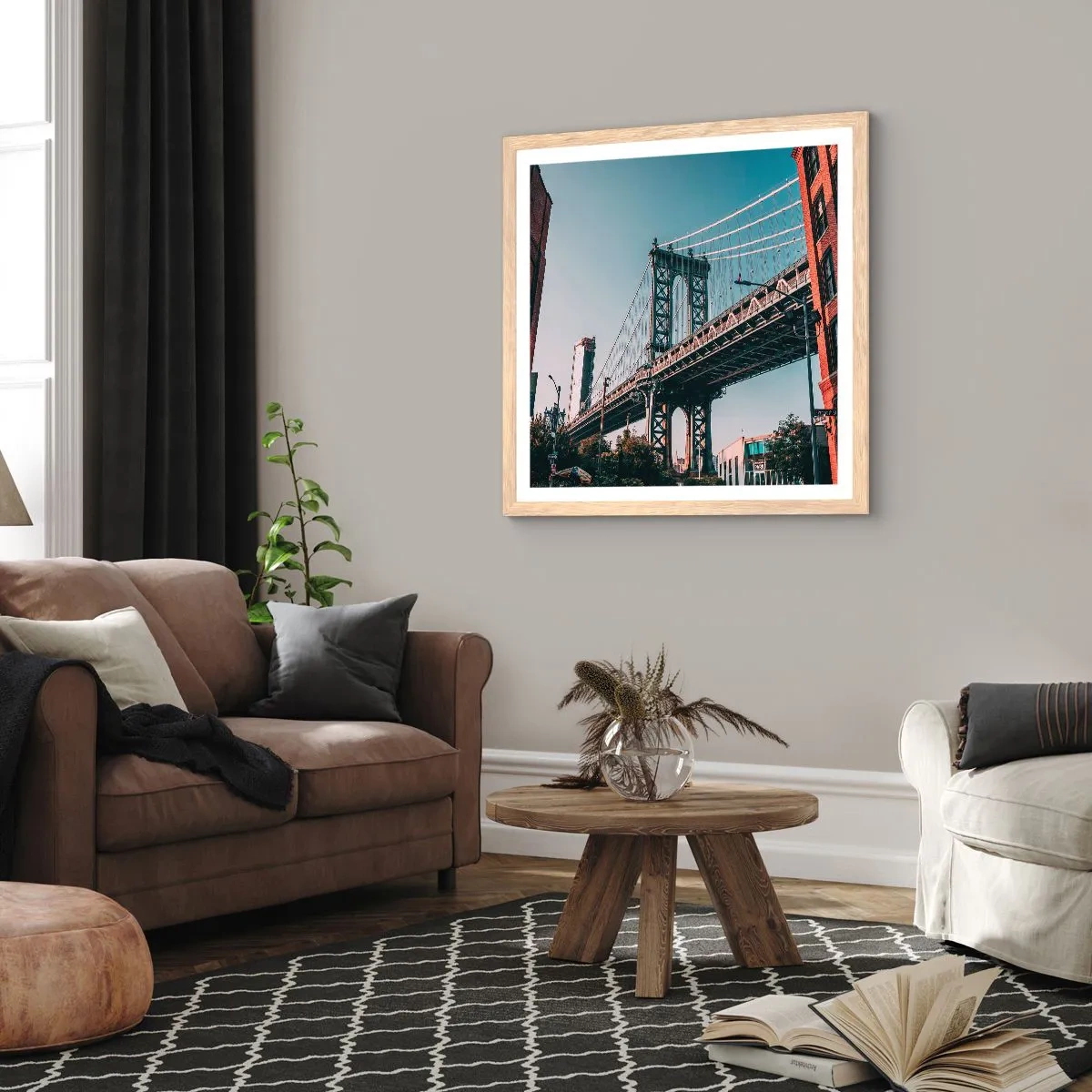 Een poster in een licht eiken lijst - Over de golven van de stad - 40x40 cm