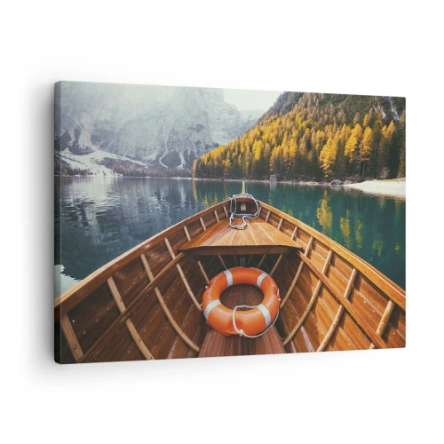 Schilderen op canvas - Een houten boot op een bergmeer omgeven door bos - 70x50cm - Bergtocht - Moderne wanddecoratie voor woonkamer en slaapkamer ARTTOR
