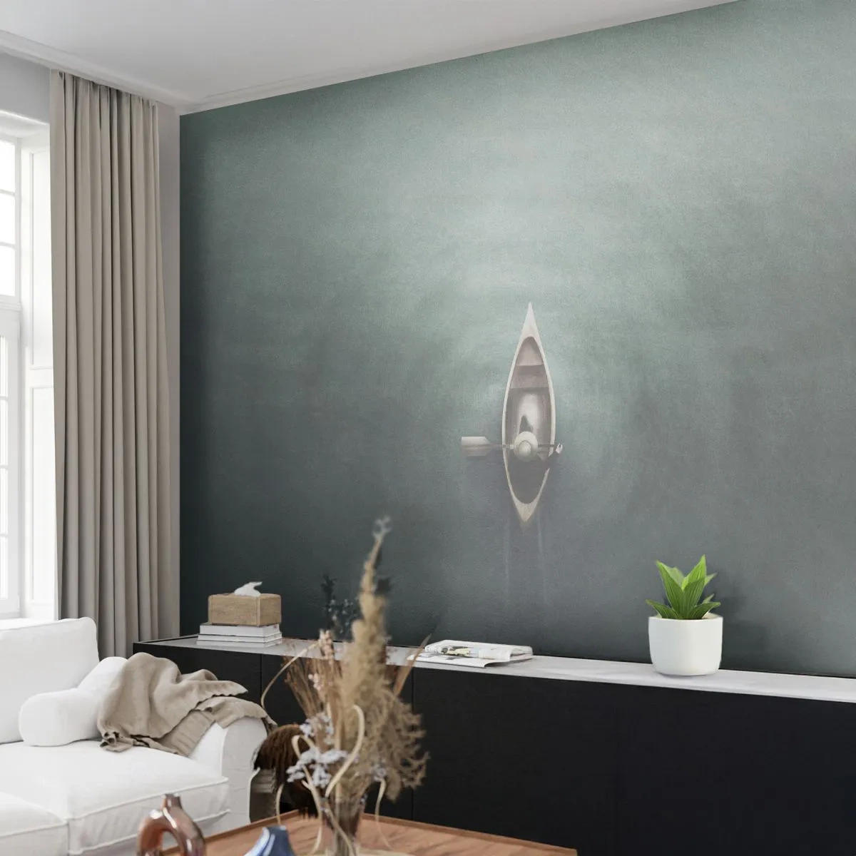 Fotobehang Standard Eco - Een boot met een figuur op een kalm meer, van bovenaf gezien - 100x70cm - Door het maanmeer - Moderne wanddecoratie voor woonkamer en slaapkamer ARTTOR