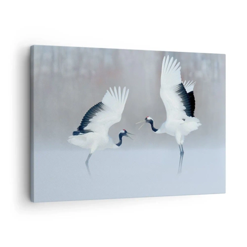 Schilderen op canvas - Twee kraanvogels dansen in een mistig landschap - 70x50cm - Dans in de mist - Moderne wanddecoratie voor woonkamer en slaapkamer ARTTOR