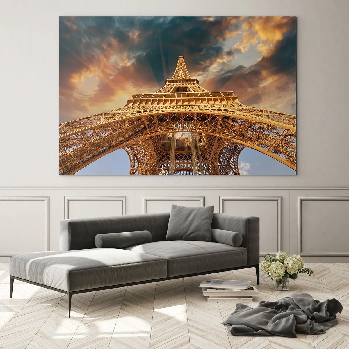 Schilderen op glas - De Eiffeltoren vastgelegd vanuit een wormsoogperspectief - 70x50cm - Hoe de mensheid de hemel bereikte - Moderne wanddecoratie voor woonkamer en slaapkamer ARTTOR